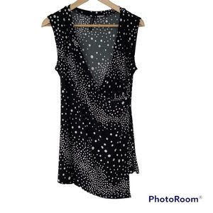 SUSAN LAWRENCE BLACK/WHITE POLKA DOT WRAP STYLE ASYMMETRICAL TOP/BLOUSE, LARGE
